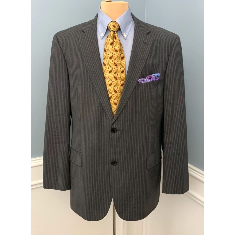 Vintage Hugo Boss Suit Mens 44R Wool Twill Pinstripe 90s Jacket Flat Front Pants